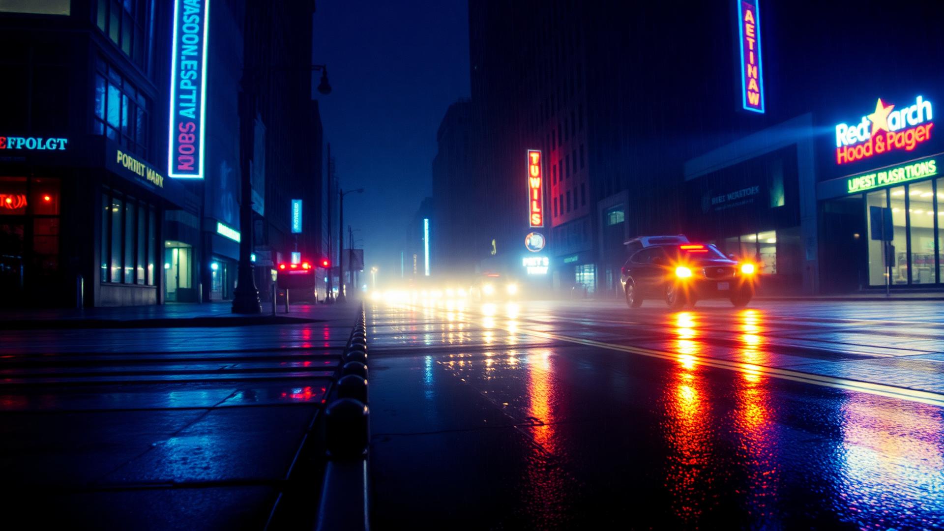 Rainy New York street at night with neon reflections